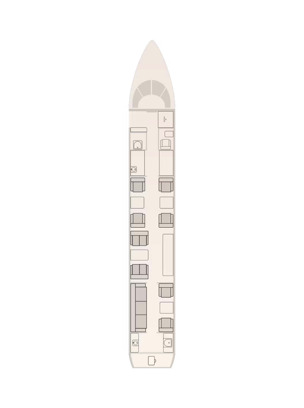 Blueprint layout of a private jet interior showing seats, a bed, tables, and sinks.